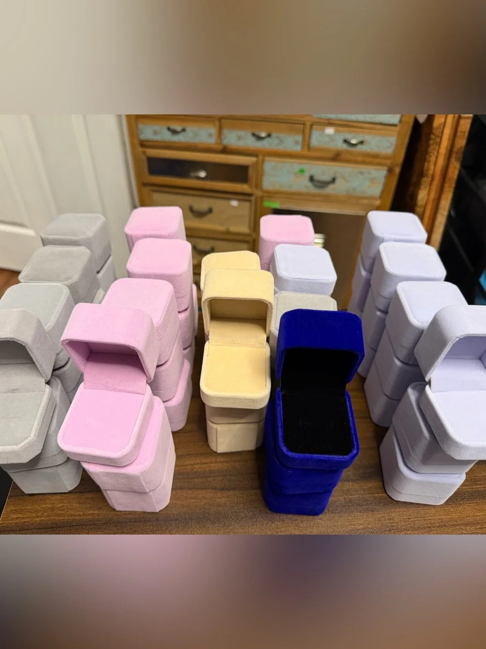 Velvet Ring Boxes 15PCS set in gray, pink or lavender.
